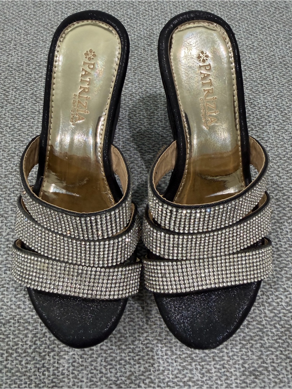 Patrizia Black Rhinestone Triple-Strap Slide Mules